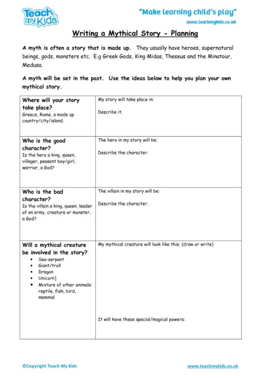 Worksheets for kids - writing-a-mythical-story-planning